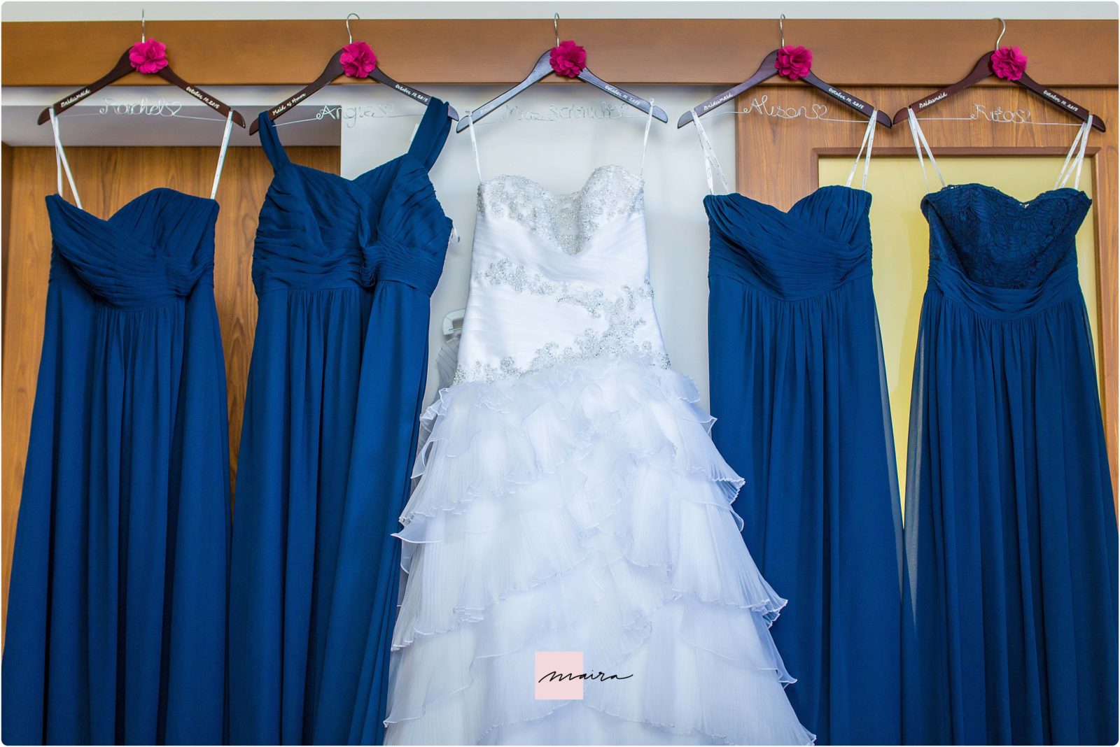 Wedding Dress and Blue long bridesmaids dresses