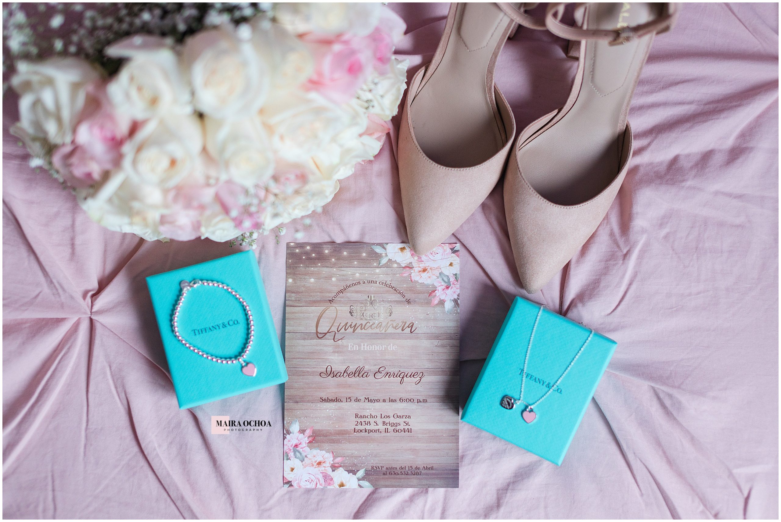 Quinceañera invitation, Shoes, Tiffany & Co jewelry, Bouquet