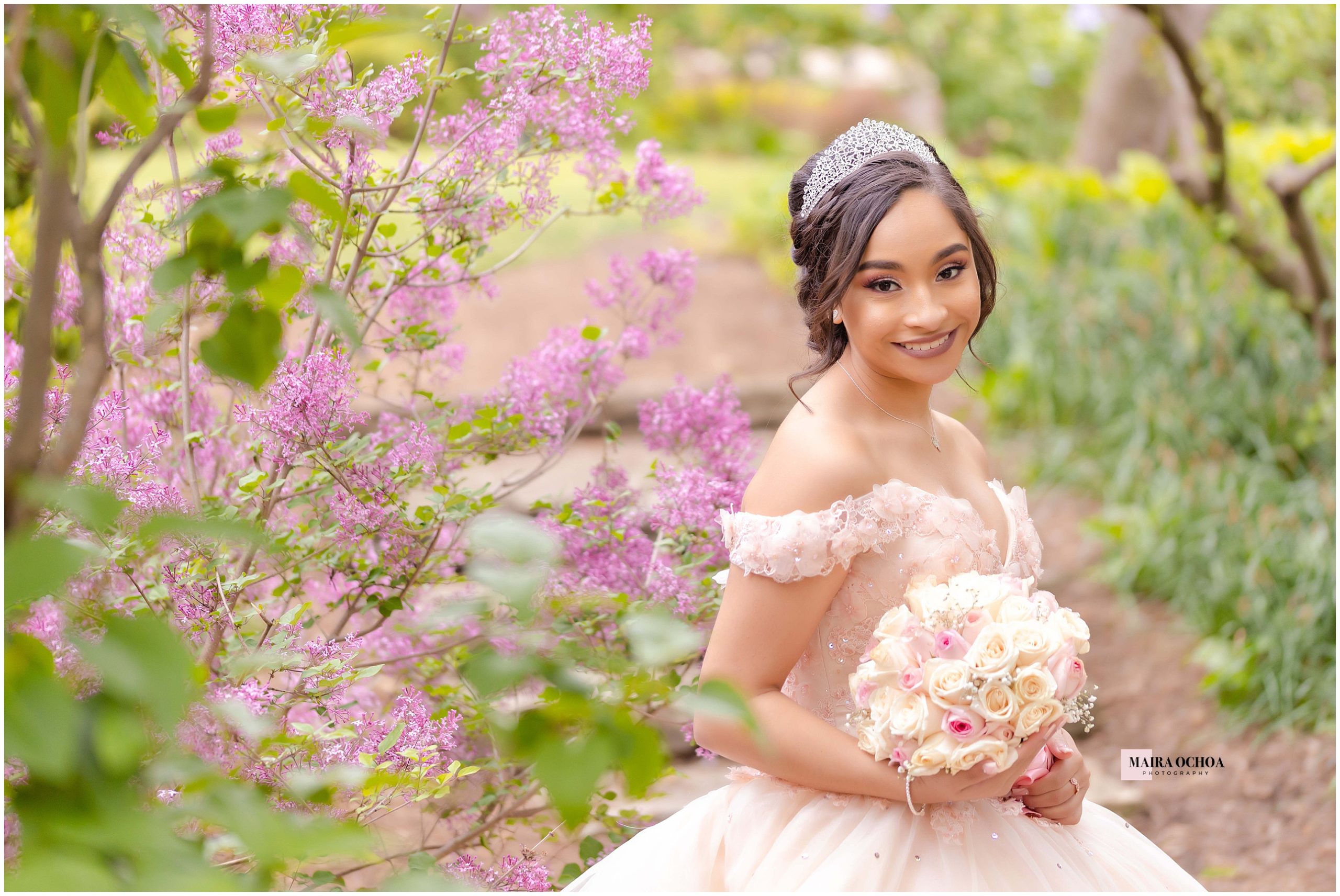 Pink Ball Gown Quinceañera outdoors spring flowers, red tulips