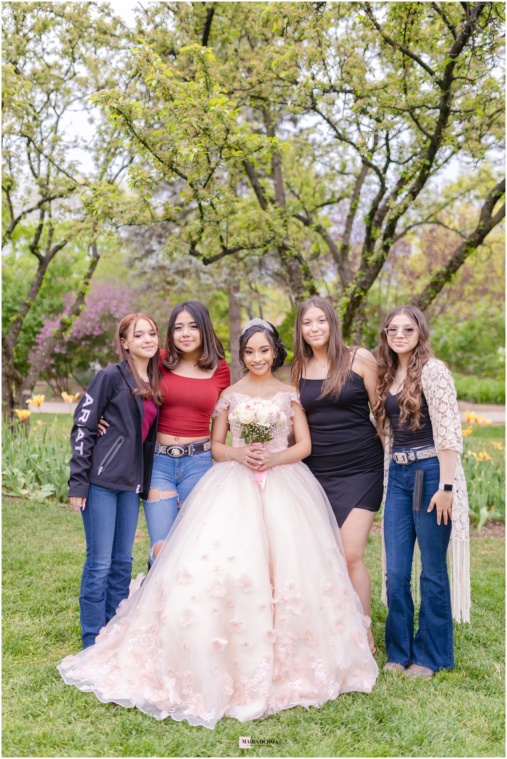 Quinceañera and her girl friends formal portraits at the Lilacia Park, Lombard IL