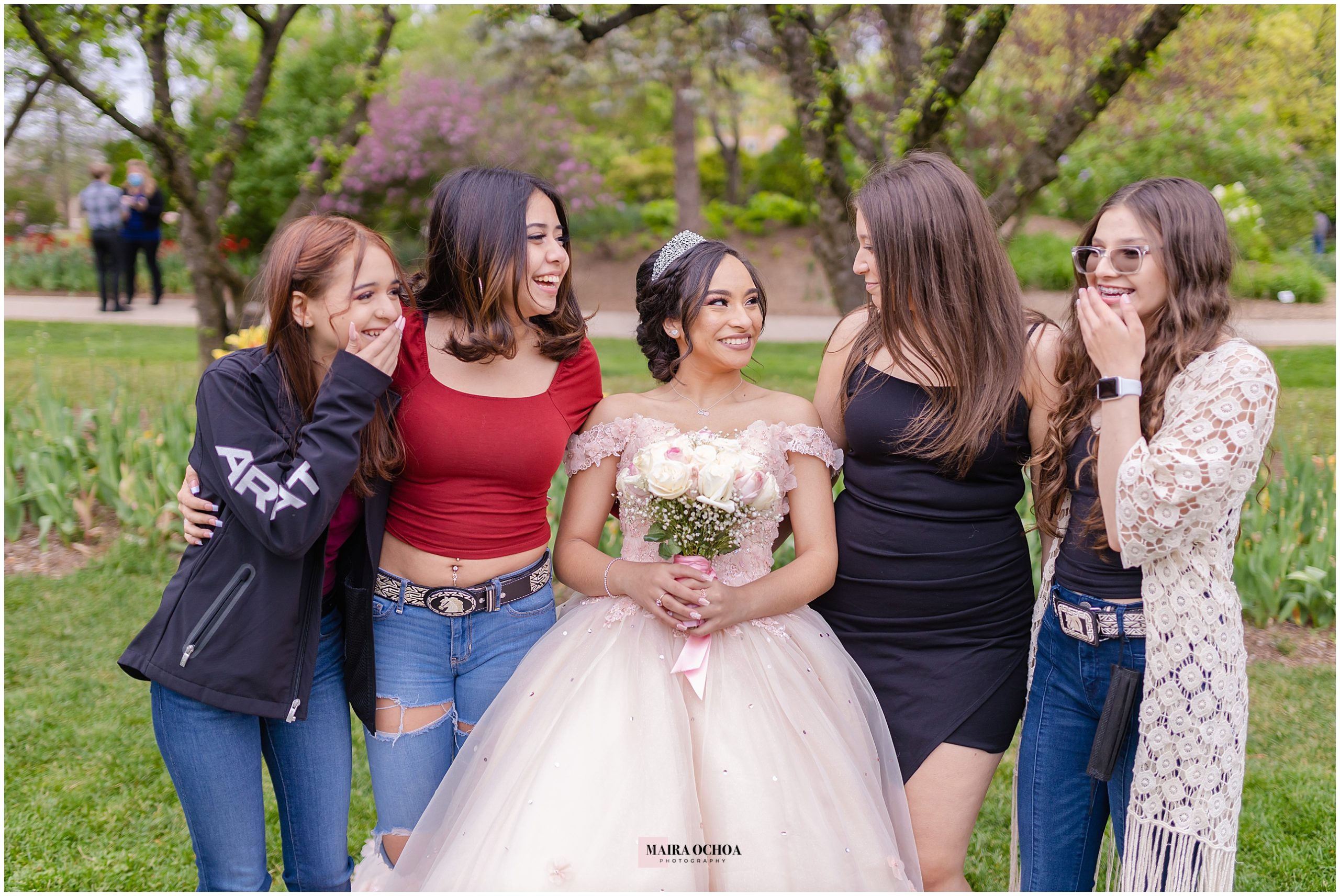 Quinceañera and her girl friends formal portraits at the Lilacia Park, Lombard IL