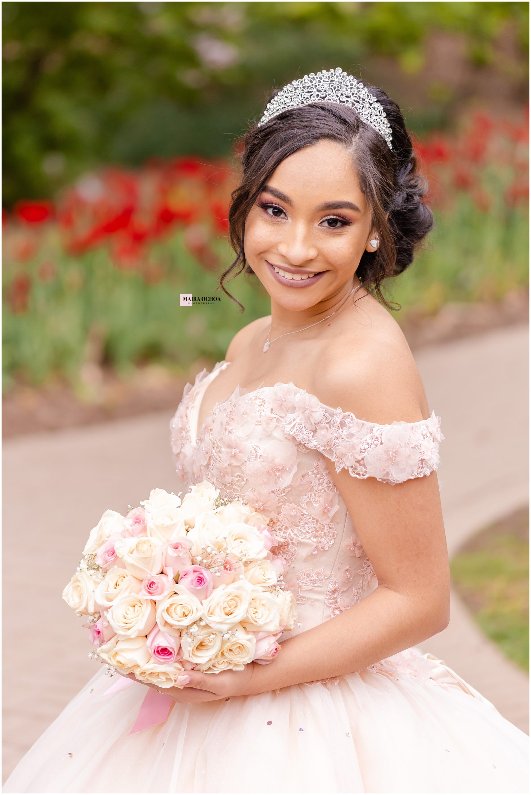 Pink Ball Gown Quinceañera outdoors spring flowers, red tulips, Lilacia Park Lombard, IL