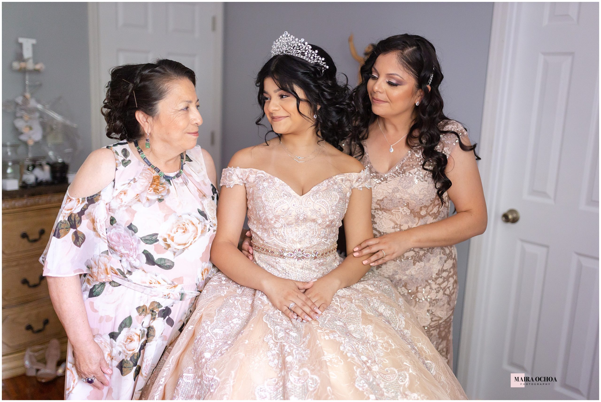 Mom and Grandma helping Beautiful Latina Quinceañera Getting Dressed, Waukegan, IL